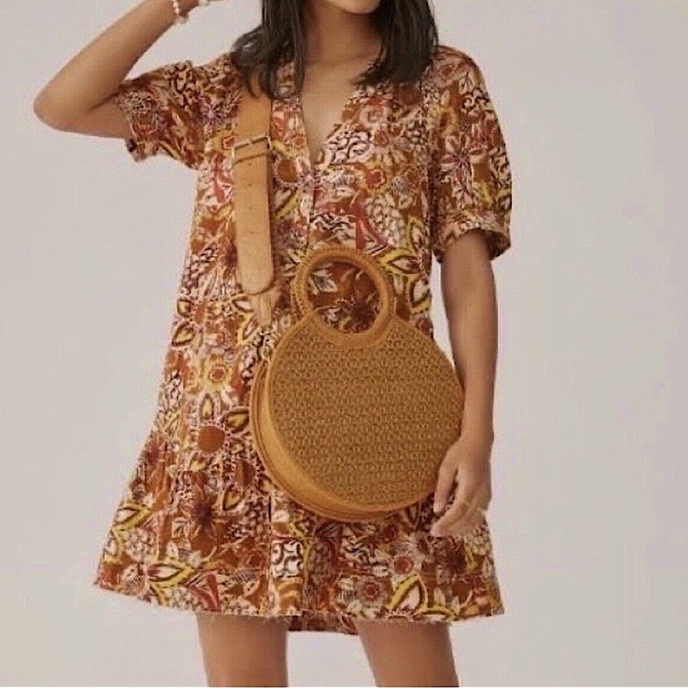 ANTHROPOLOGIE PILCRO Puffed Sleeve Floral Tapestry Dress Raw Hem